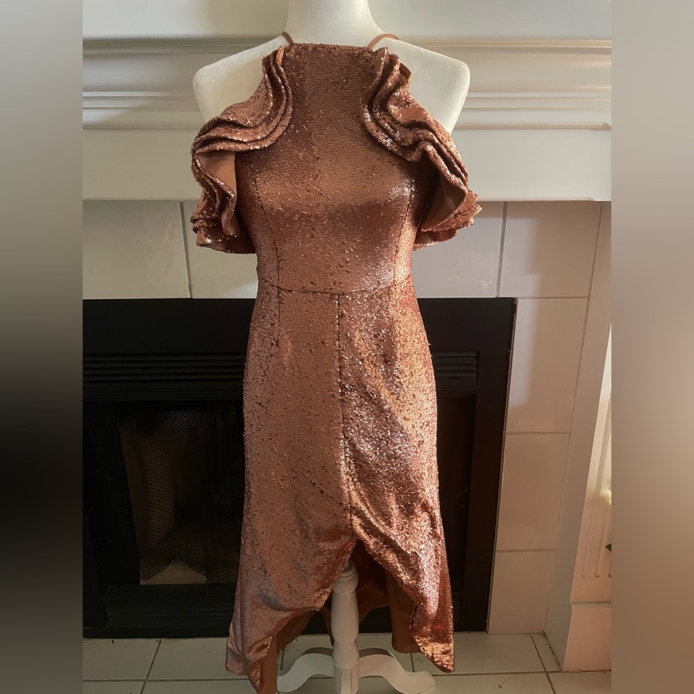C/MEO Rose Gold Sequin Ruffle Midi Dress Size Small
